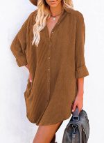 Astylish Women Casual Long Sleeve Button Down Oversized Corduroy Shirt Dress with Pocket - Image 2